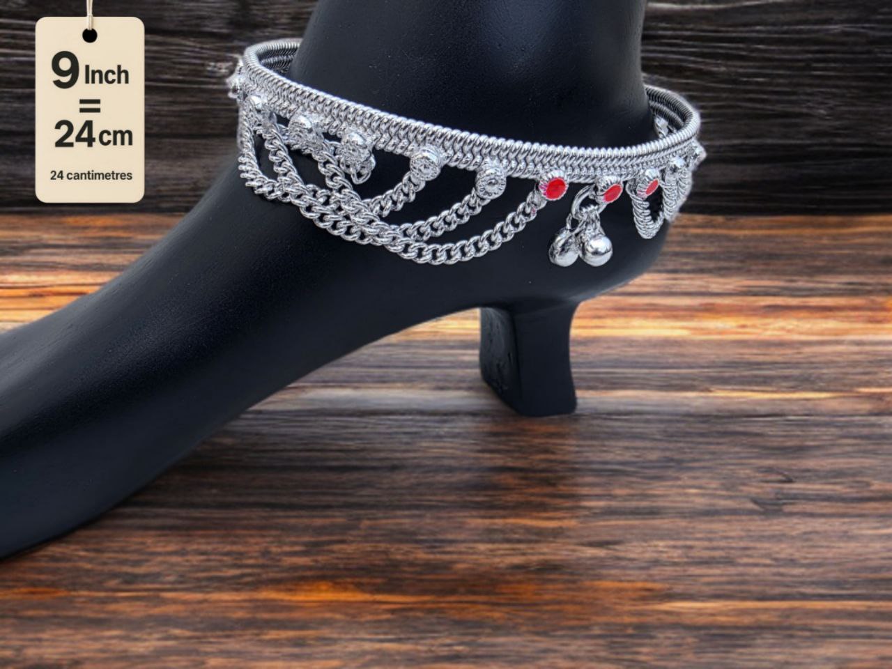 German Silver anklets with small dangling bells and colored stone accents (red & green).Silver plated 2-Piece Set-9 Inch
