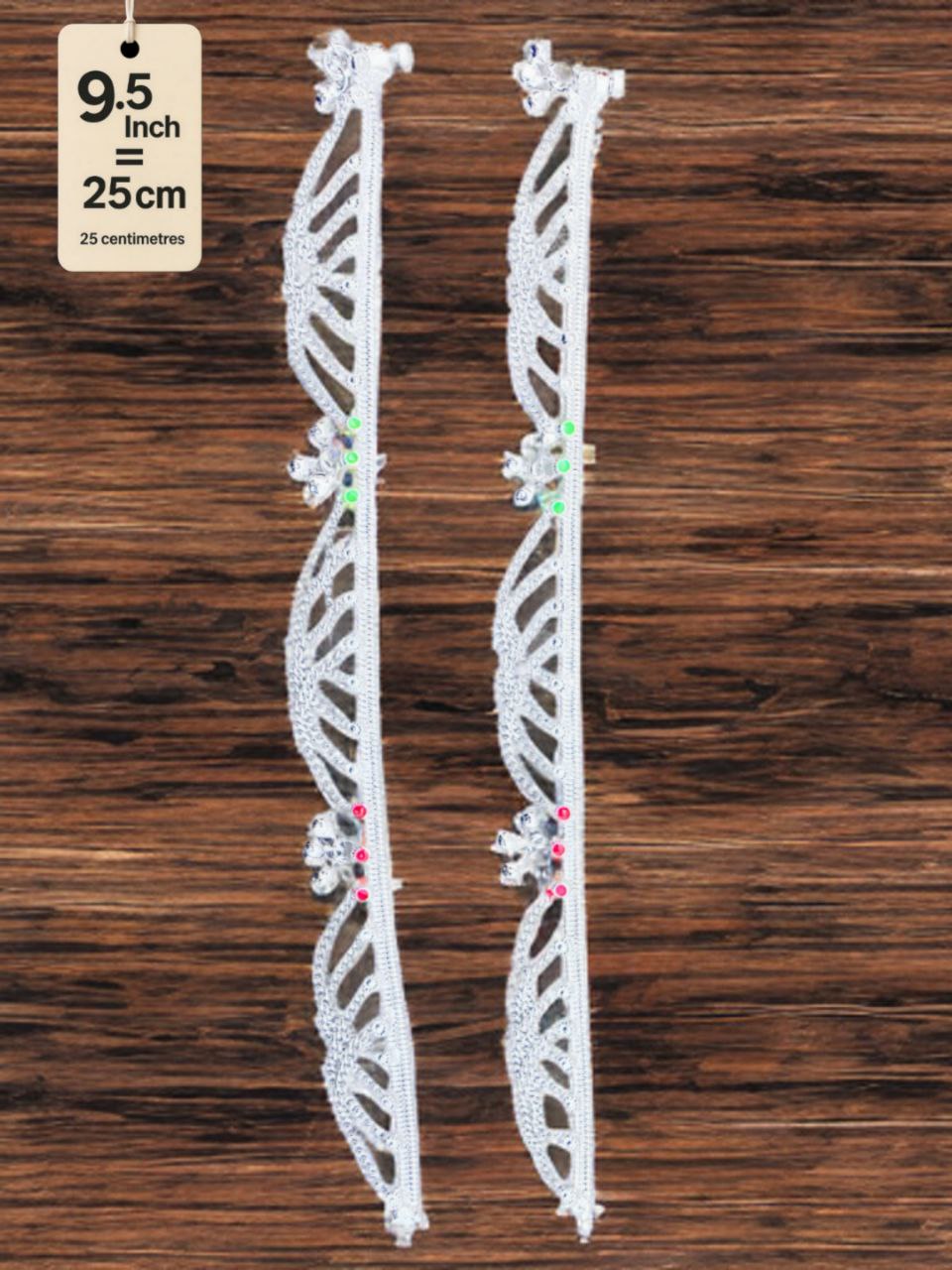 German Silver anklets with small dangling bells and colored stone accents (red & green).Silver plated 2-Piece Set-9.5 Inch