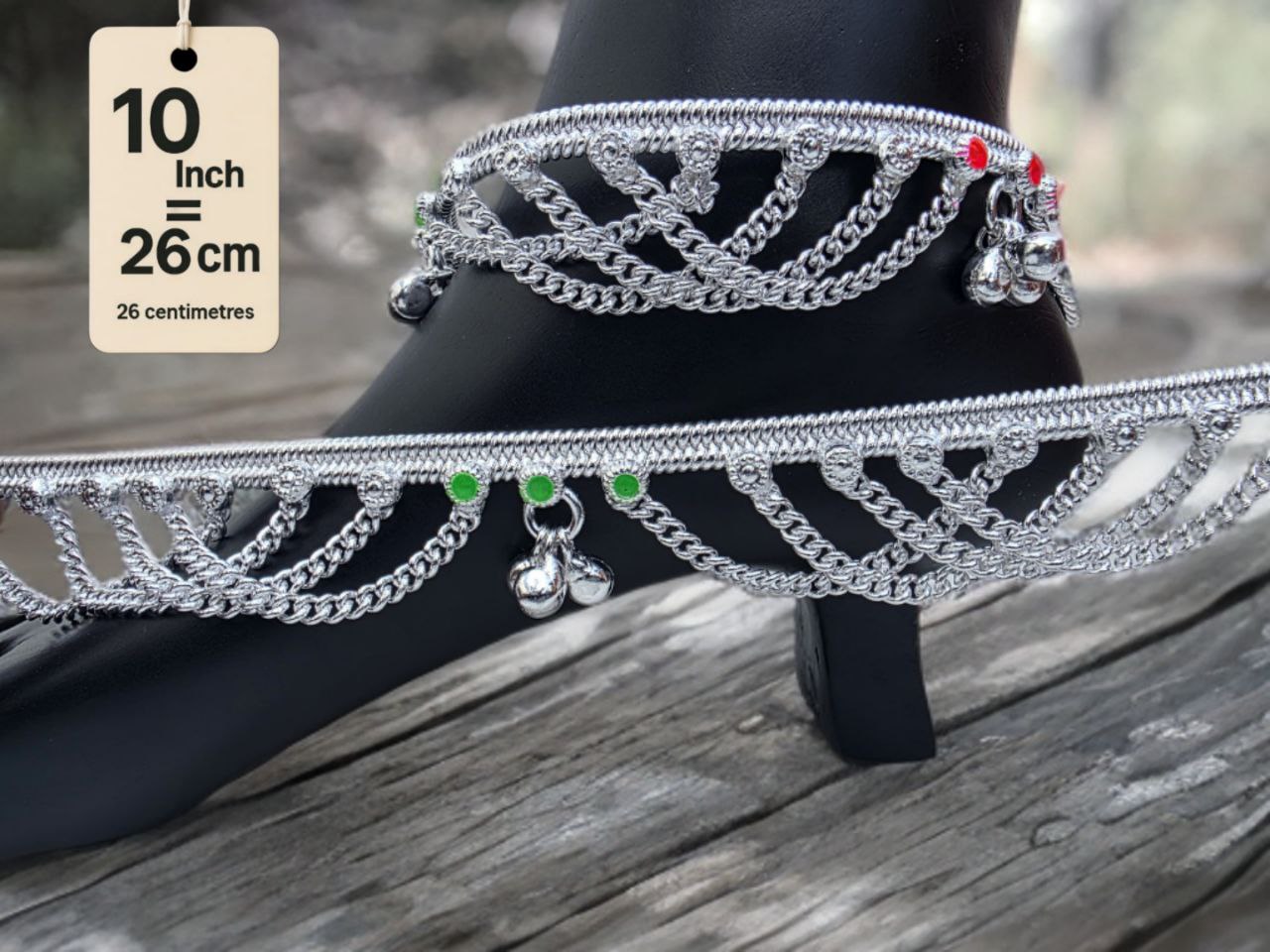 German Silver anklets with small dangling bells and colored stone accents (red & green).Silver plated 2-Piece Set-10 Inch