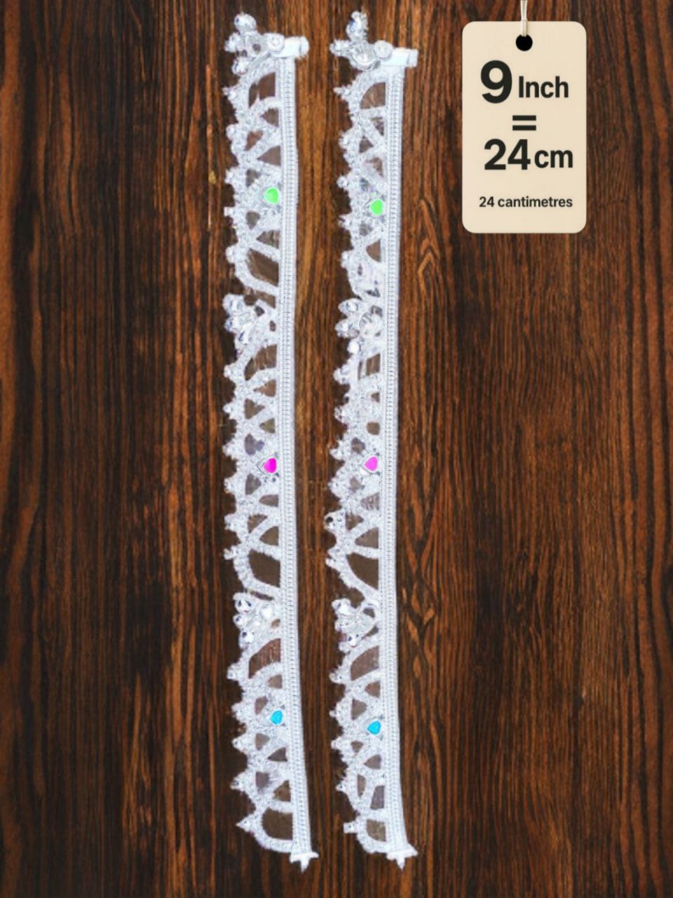 German Silver Anklet/Payal with Bells &colored stone Heart Design Silver plated 2-Piece Set-9 Inch