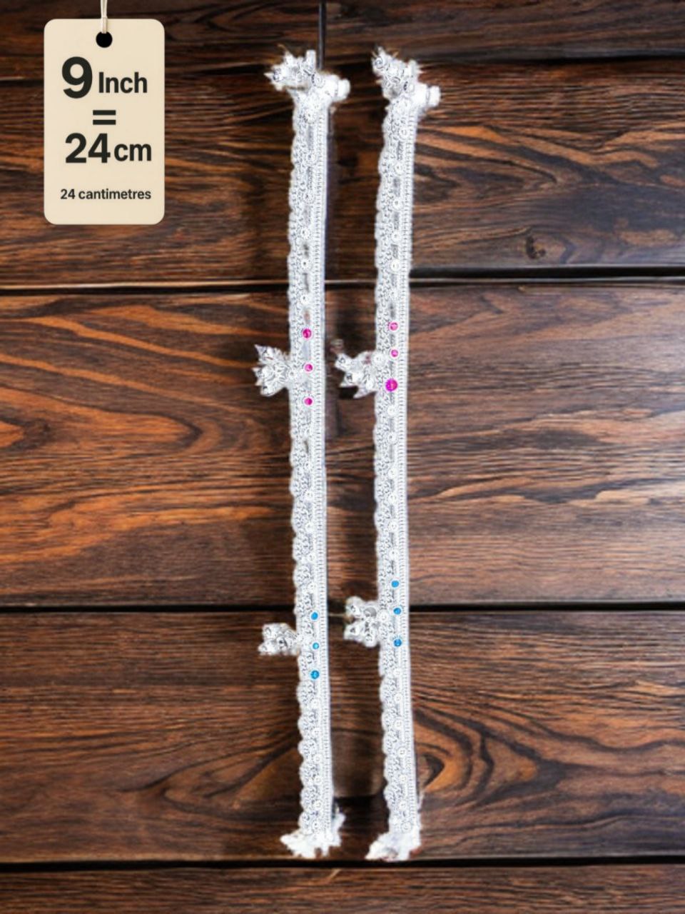 German Studded Silver Anklets with Ghungroo. rose stone accents dangling bells Silver plated 2-Piece Set-9 Inc