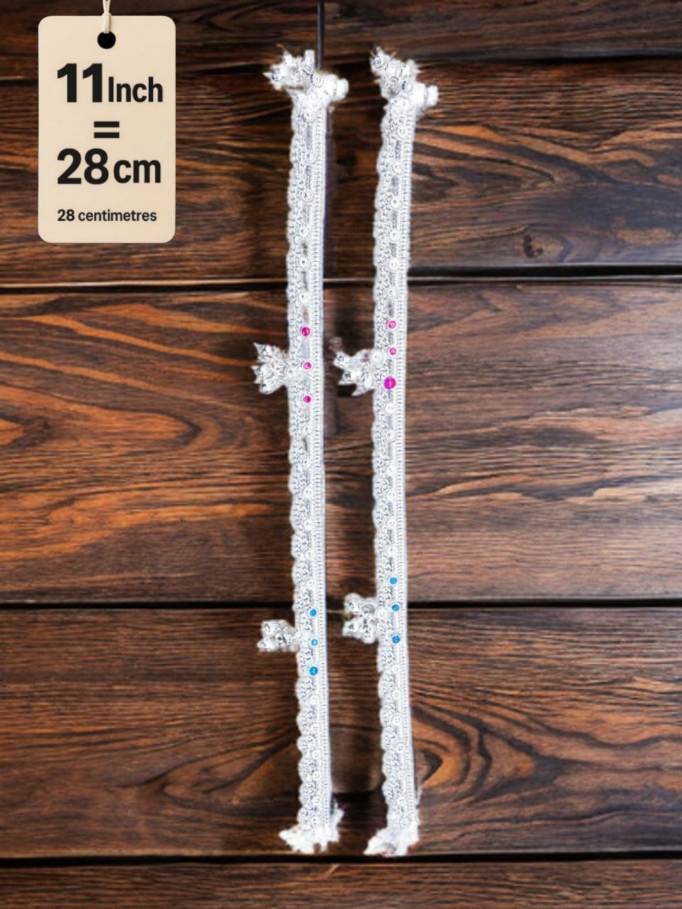 German Studded Silver Anklets with Ghungroo. rose stone accents dangling bells Silver plated 2-Piece Set-11Inc