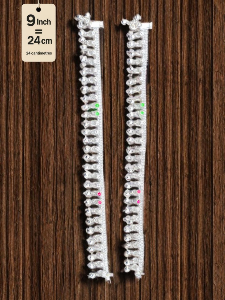 traditional German silver anklet with ghungroo dangling beads & colored stone accents (red & green)- Silver plated 2-Piece Set- Inc