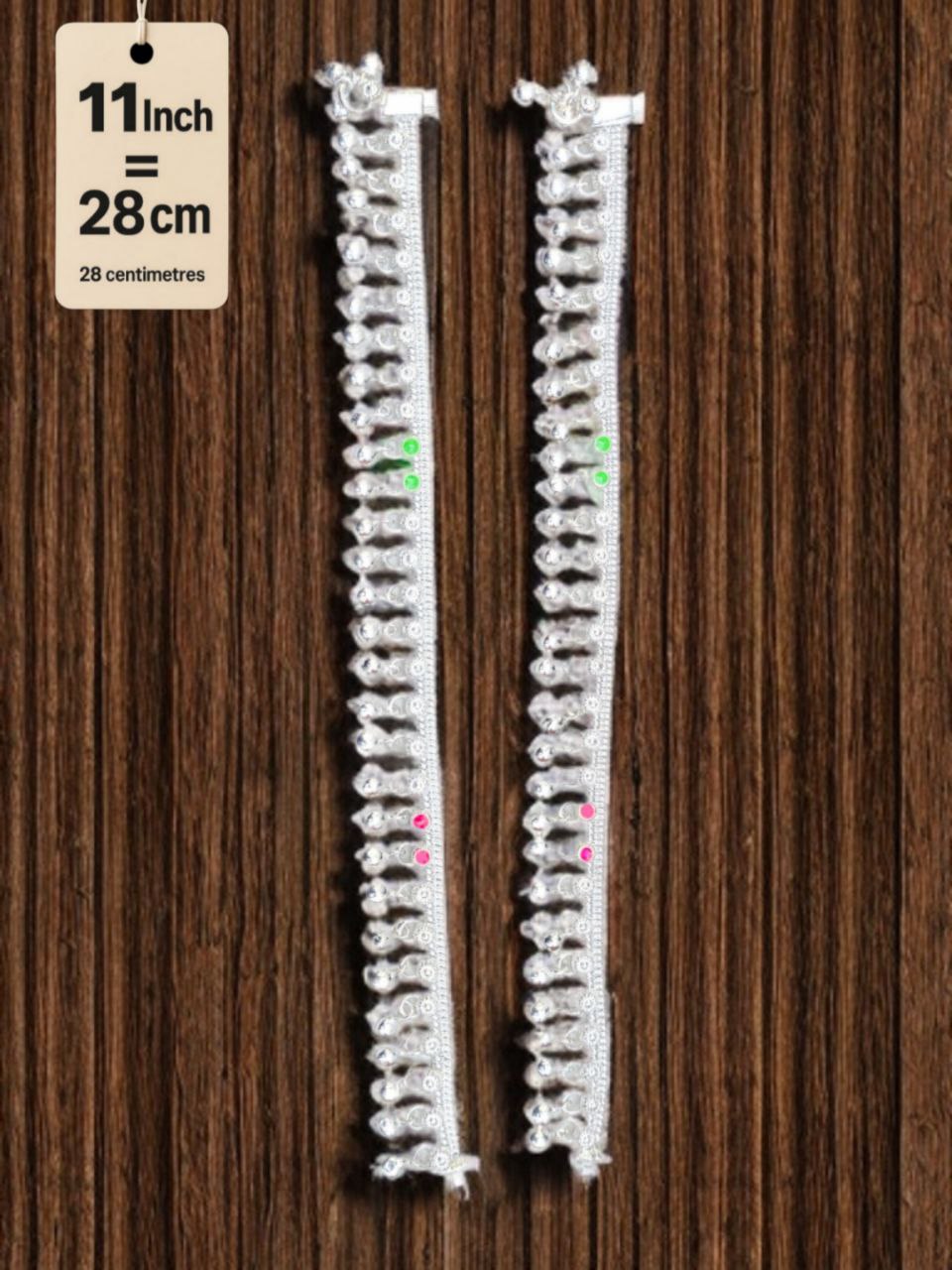 traditional German silver anklet with ghungroo dangling beads & colored stone accents (red & green)- Silver plated 2-Piece Set-11 Inc