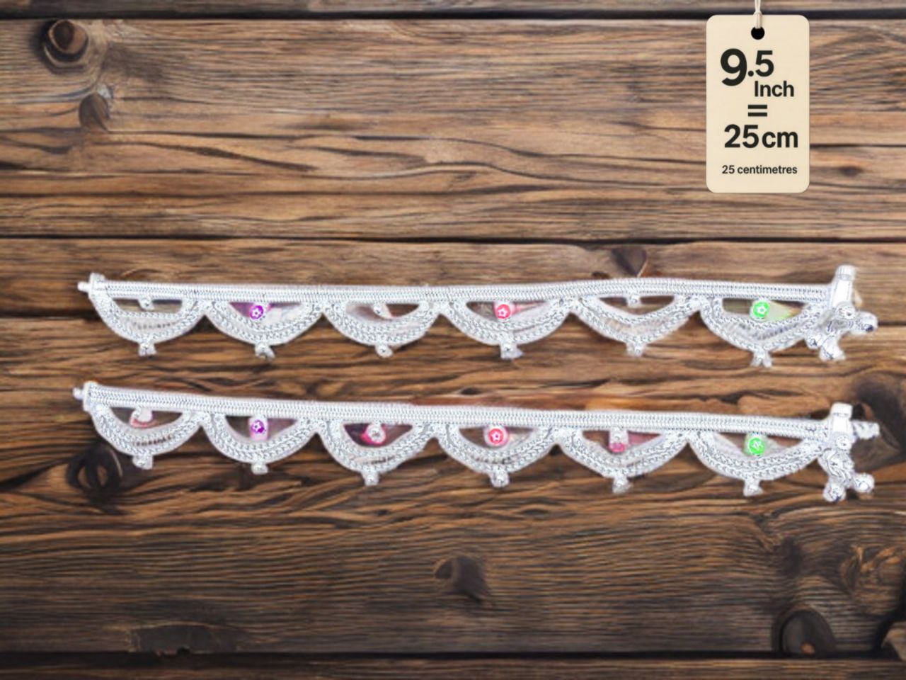 German Silver Anklet Layered chain pattern with hanging balls (ghungroo) and colored stone accents (red & purple)Silver plated 2-Piece Set-9.5Inc