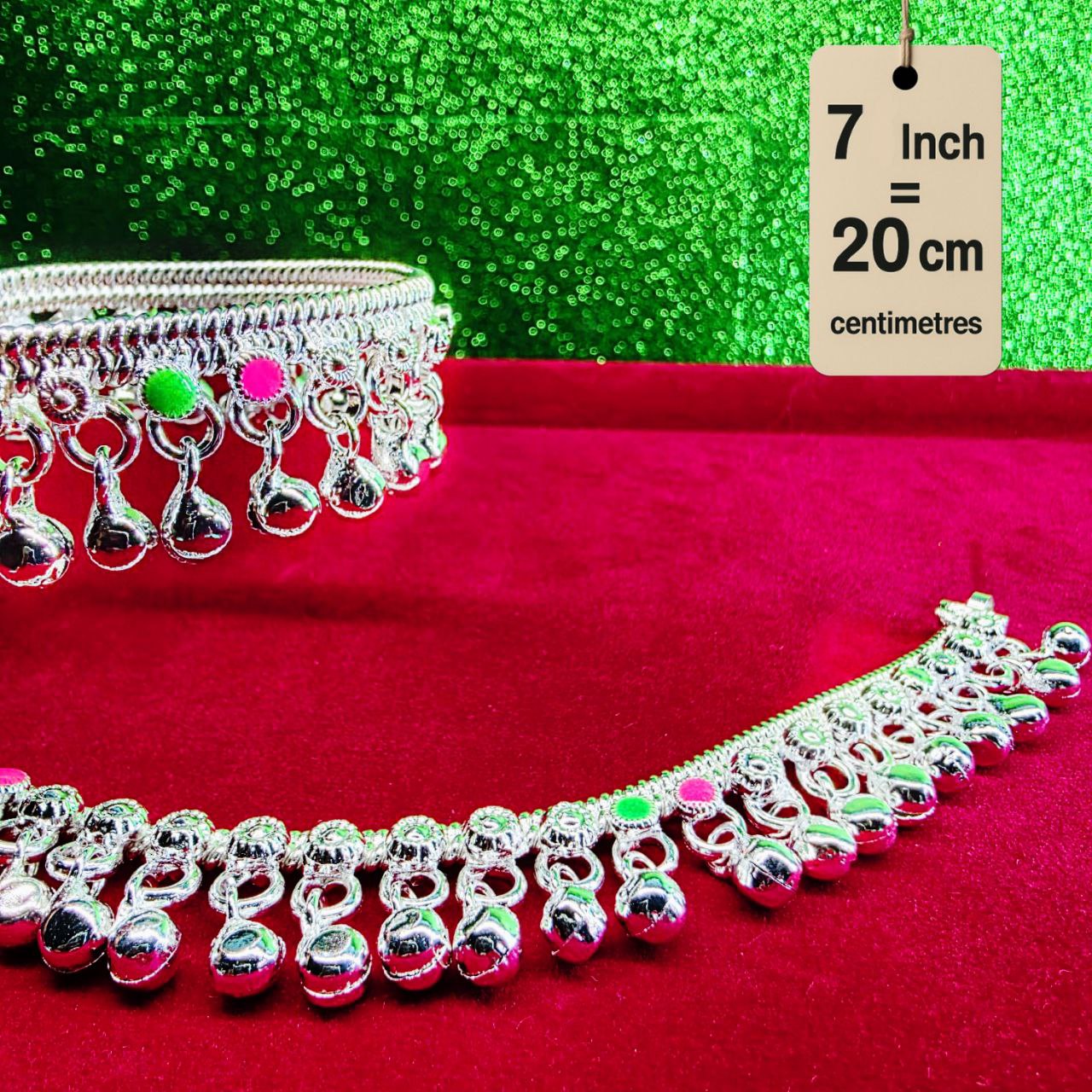 German Silver Baby Anklet/Payal with Bells &colored stone Heart Design Silver plated 2-Piece-7 Inch