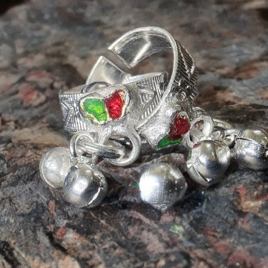 Traditional GERMANSILVERS Toe Rings with Turquoise butterfly Design and Bells, Adjustable Size, Set of 2