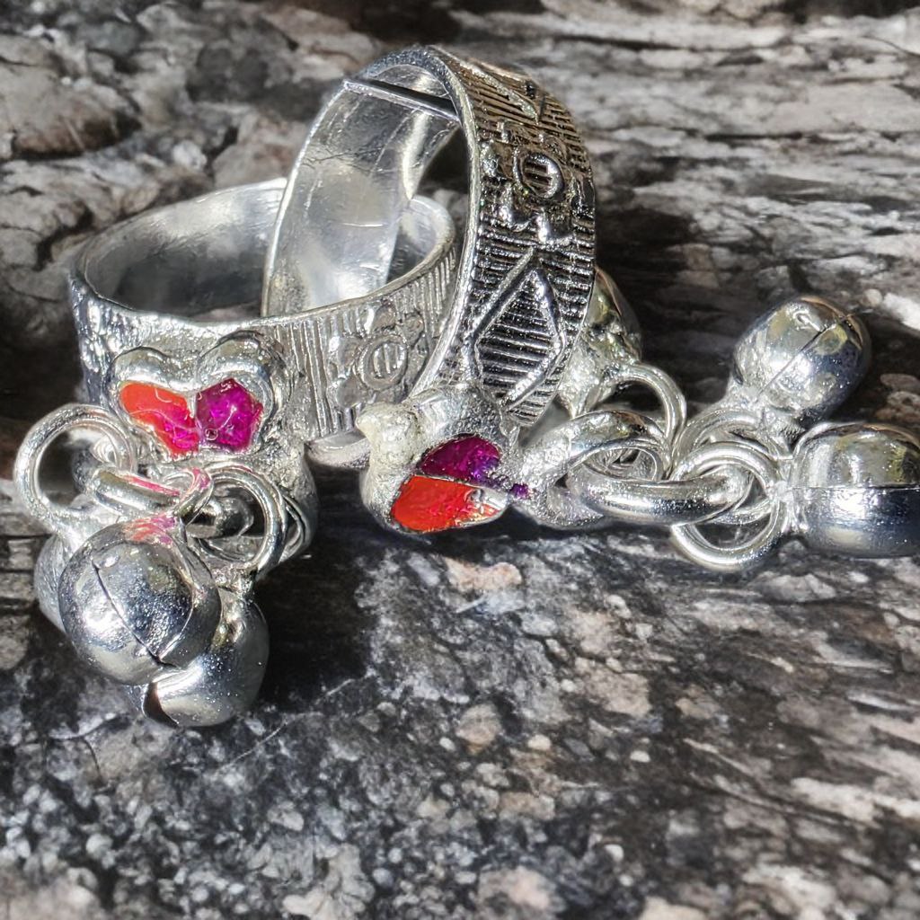 Traditional GERMANSILVERS Toe Rings with colorful butterfly and Bells, Adjustable Size, Set of 2
