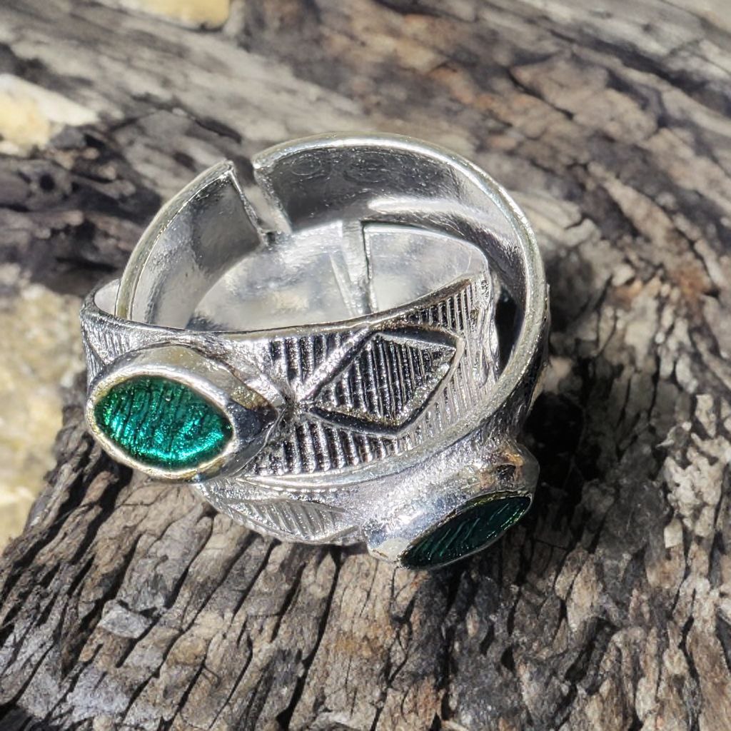 GERMANSILVERS Toe Rings with Greenblue oven Design, Traditional Indian Style, Adjustable Size, Set of 2