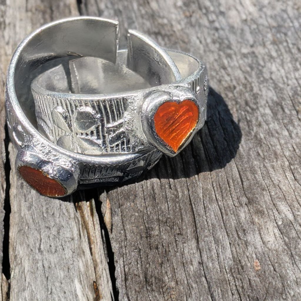 Traditional German Silver Toe Rings, orange Heart Design, Adjustable Size, Silver Colour, Set of 2