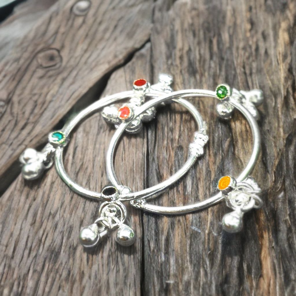 GERMANSILVERS Toe Ring And Baby anklet with multi Enamel Hearts and Bell Charms, Adjustable Size, Traditional Design