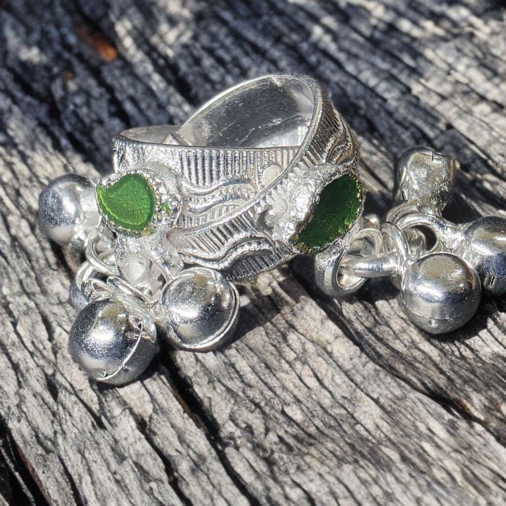 GERMANSILVERS Toe Ring Set with GREEN MANGO Design, Adjustable Size, Traditional Bell Charms, 2 Pieces
