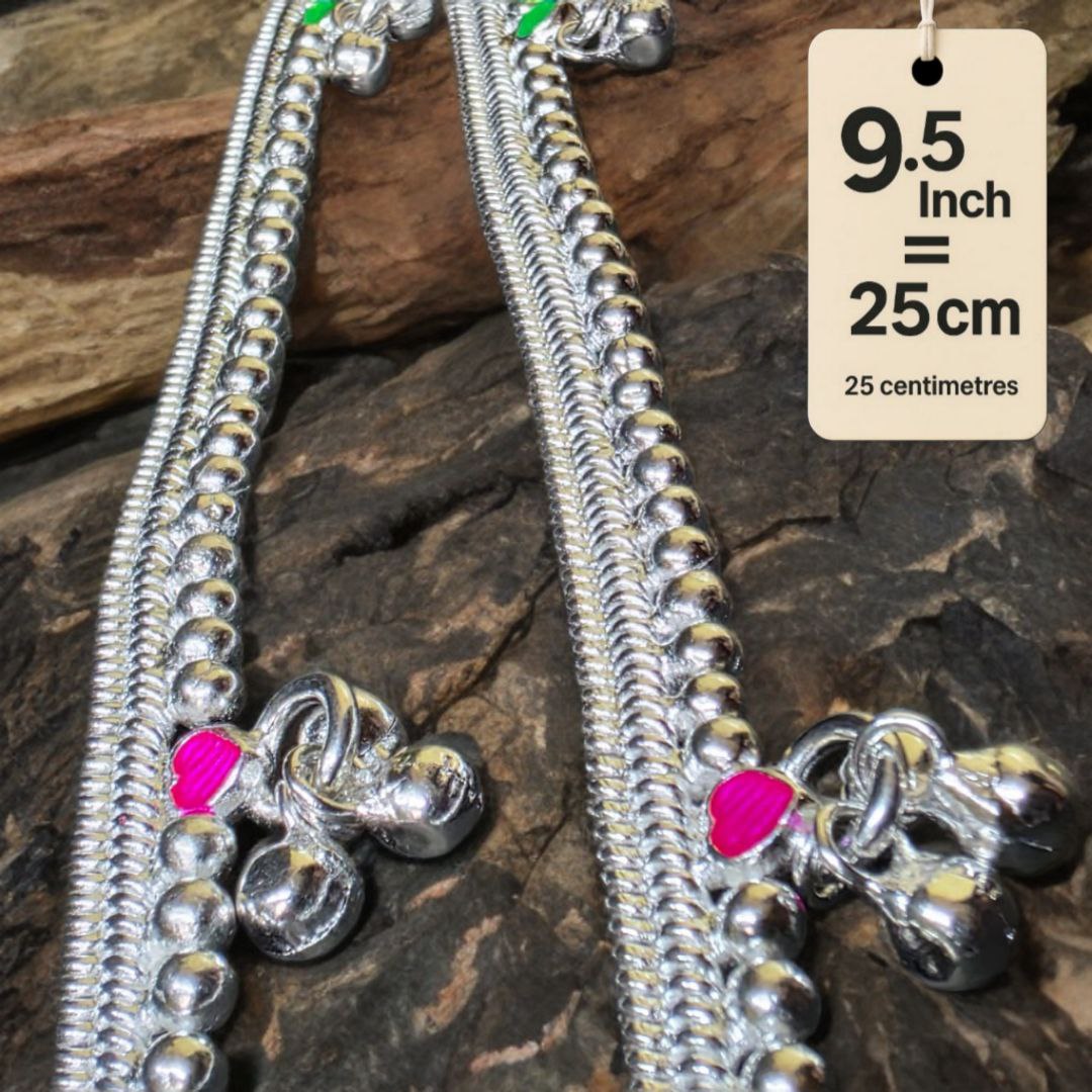 German Silver -Silver Plated Silver Ball Anklet with NON-Adjustable Size, Contemporary Style, Silver PLATED, 2-Piece Set-9.5 Inch Coloured Heart Details, Set of 2