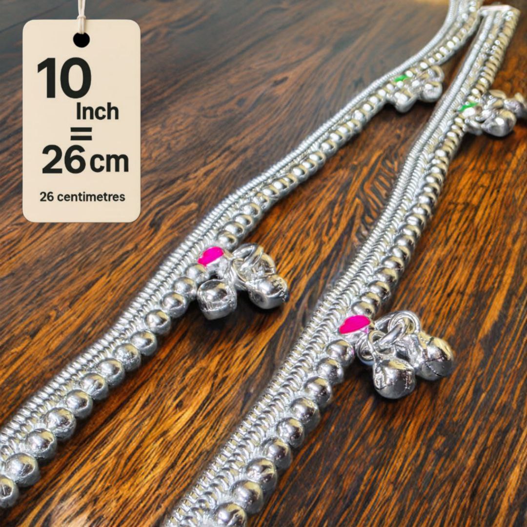 German Silver -Silver Plated Silver Ball Anklet with NON-Adjustable Size, Contemporary Style, Silver PLATED, 2-Piece Set-10 Inch Coloured Heart Details, Set of 2