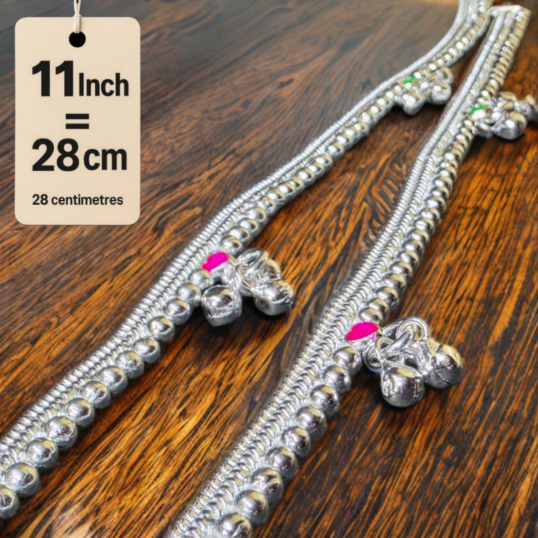 German Silver -Silver Plated Silver Ball Anklet with NON-Adjustable Size, Contemporary Style, Silver PLATED, 2-Piece Set-11 Inch Coloured Heart Details, Set of 2