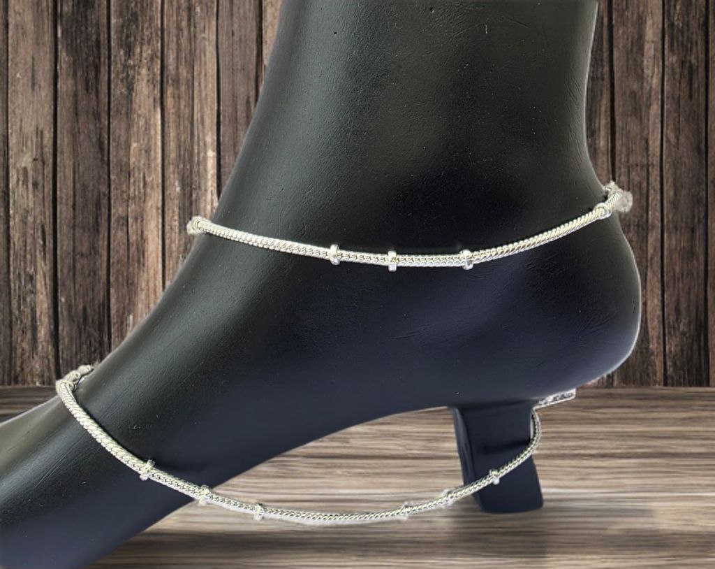 Unique Lightweight White Metal Silver Plated Anklets, NON-Adjustable Size, Contemporary Style, Silver PLATED, 2-Piece Set- free size-1