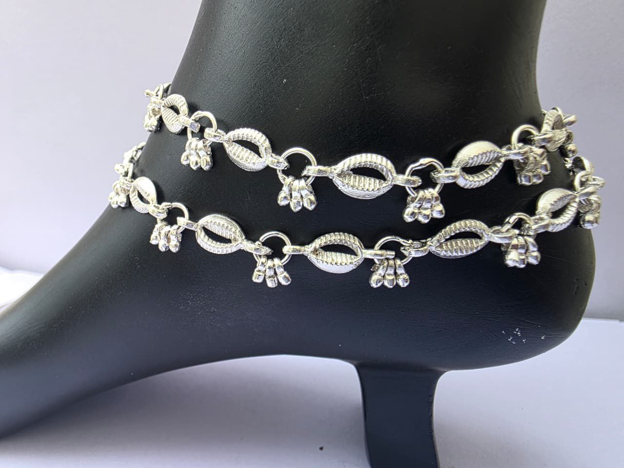 Unique Lightweight White Metal Silver Plated Anklets, NON-Adjustable Size, Contemporary Style, Silver PLATED, 2-Piece Set- free size-1