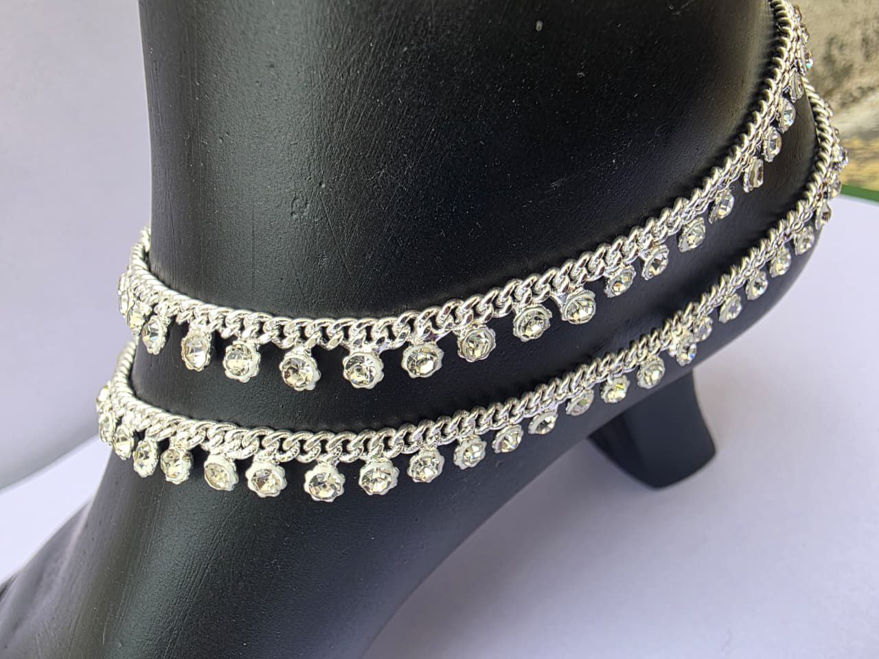 Unique Lightweight White Metal Silver Plated Anklets, NON-Adjustable Size, Contemporary Style, Silver PLATED, 2-Piece Set- free size-1