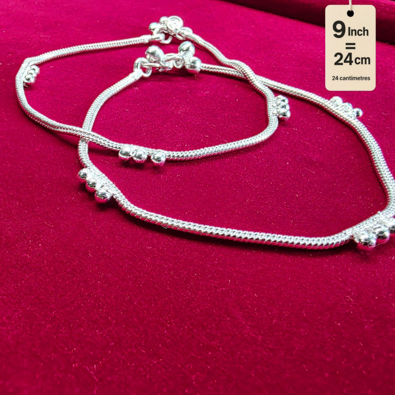 German Silver Anklet/Payal with Bells &colored stone Heart Design Silver plated - 9INCH