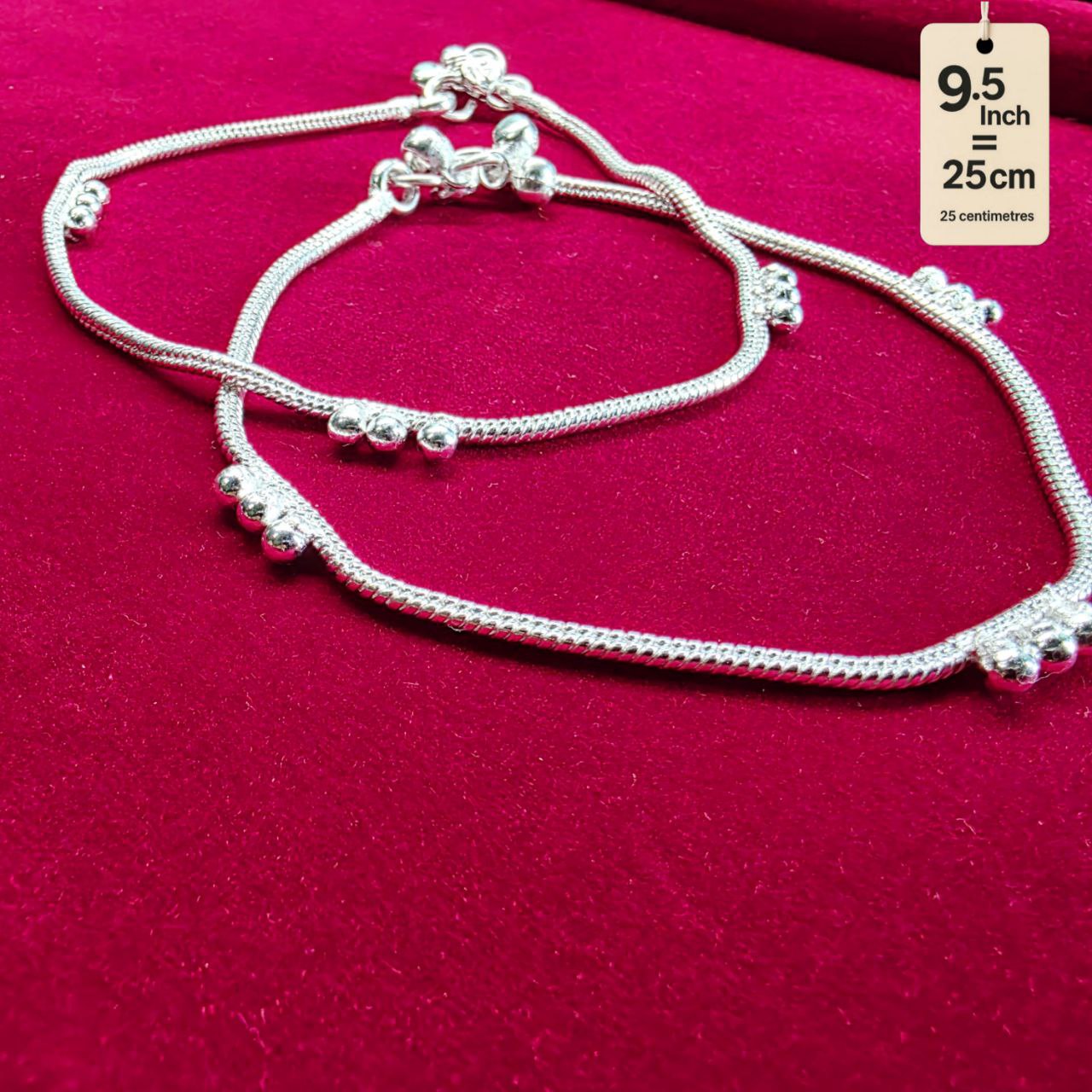 German Silver Anklet/Payal with Bells &colored stone Heart Design Silver plated - 9.5 INCH