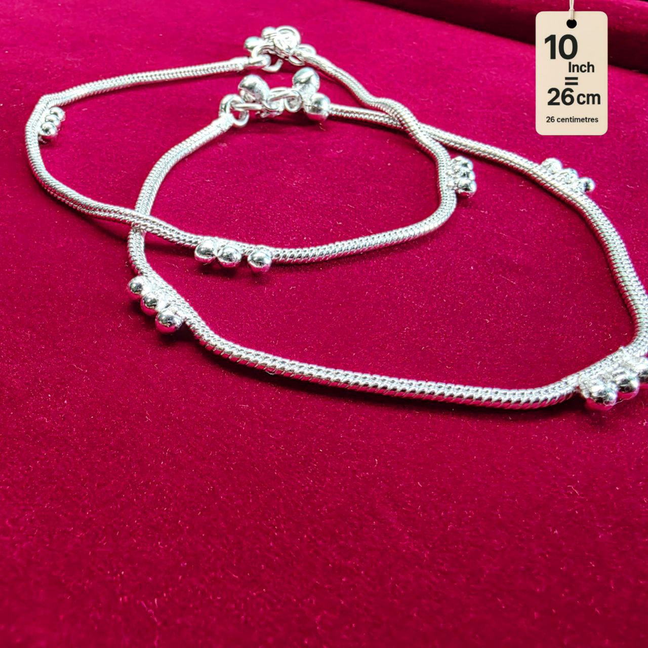 German Silver Anklet/Payal with Bells &colored stone Heart Design Silver plated - 10 INCH