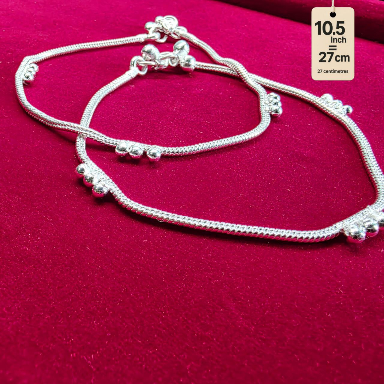 German Silver Anklet/Payal with Bells &colored stone Heart Design Silver plated - 10.5 INCH