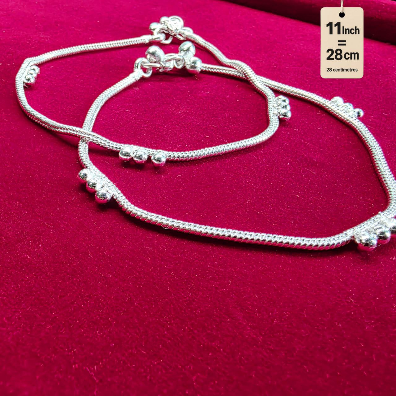 German Silver Anklet/Payal with Bells &colored stone Heart Design Silver plated - 11 INCH