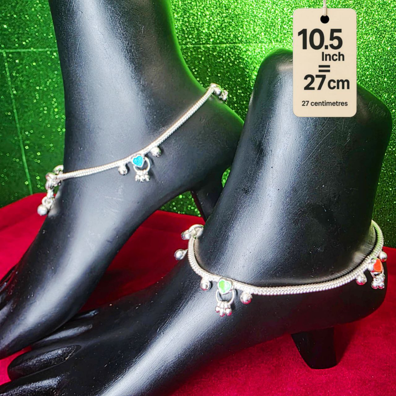 Traditional German Silver Anklet Set, With rasagulla Heart Design with Ball Chain, LIGHT WIGHT Pack of 2-10.5Inch