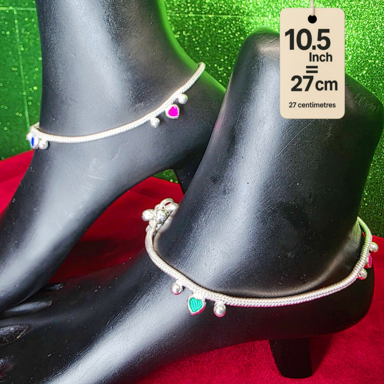 Traditional German Silver Anklet Set With Heart Design with Ball Chain, LIGHT WIGHT Pack of 2-10.5 Inch