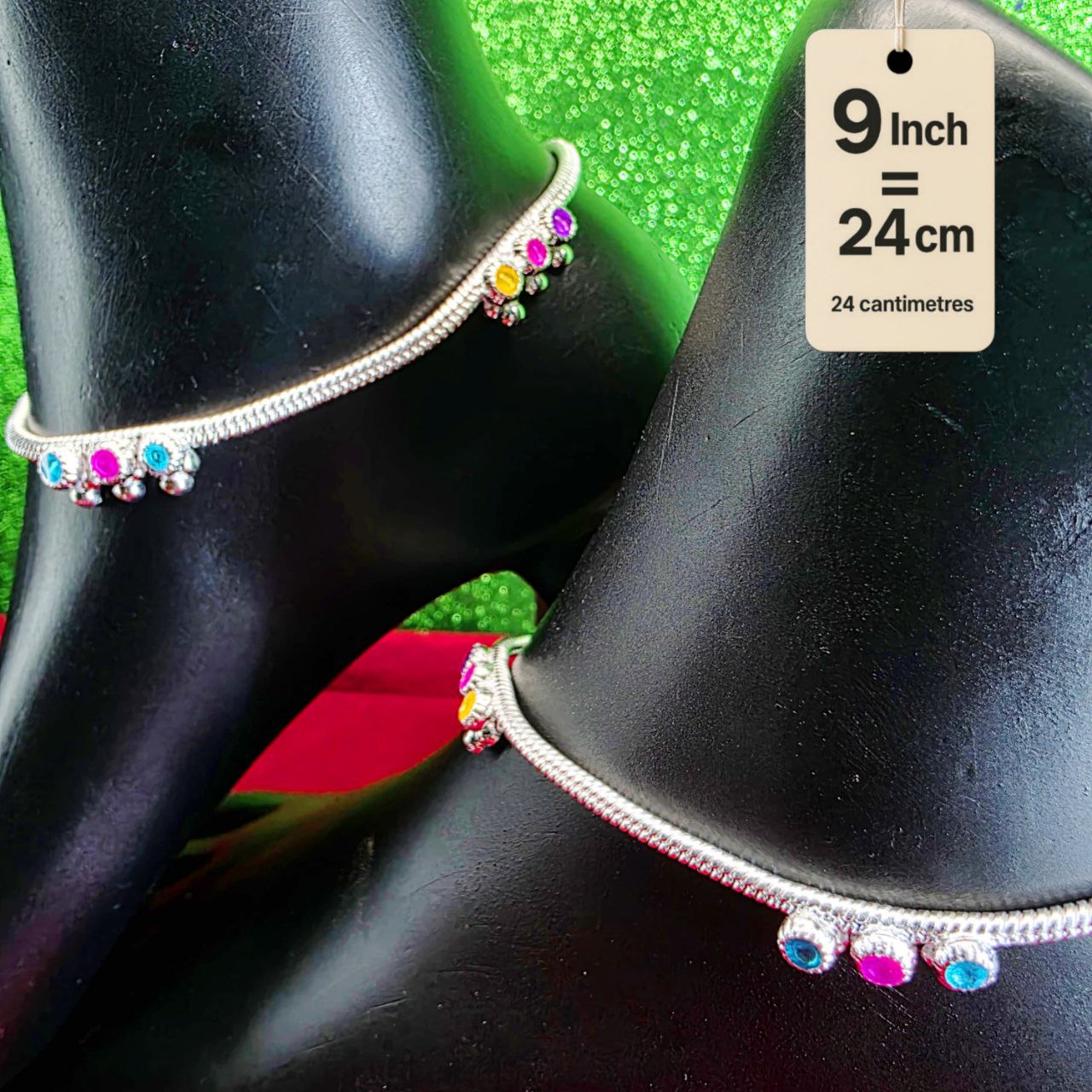 Anklet light weight German silver anklet tradetional desin with multi color doted anklet set of 2-9 Inch