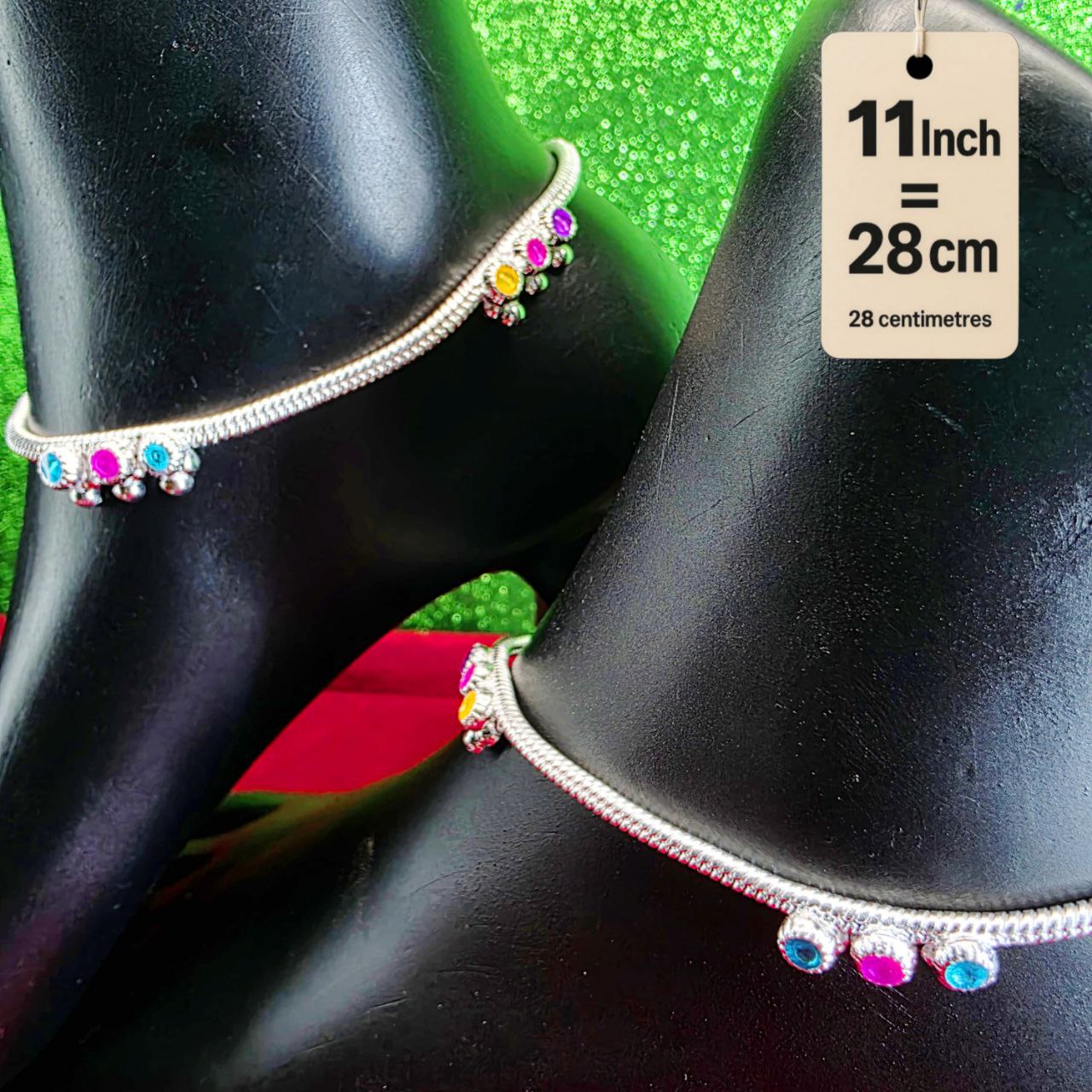 Anklet light weight German silver anklet tradetional desin with multi color doted anklet set of 2-11 Inch