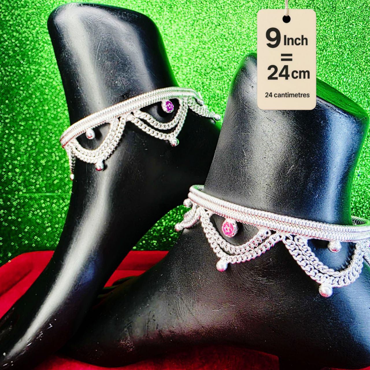 Leyerd jalra German Silver Anklets Set of 2, Design with Coloured Stones, Contemporary Style, Silver Plated-layer by layered Traditional collection -9 Inch