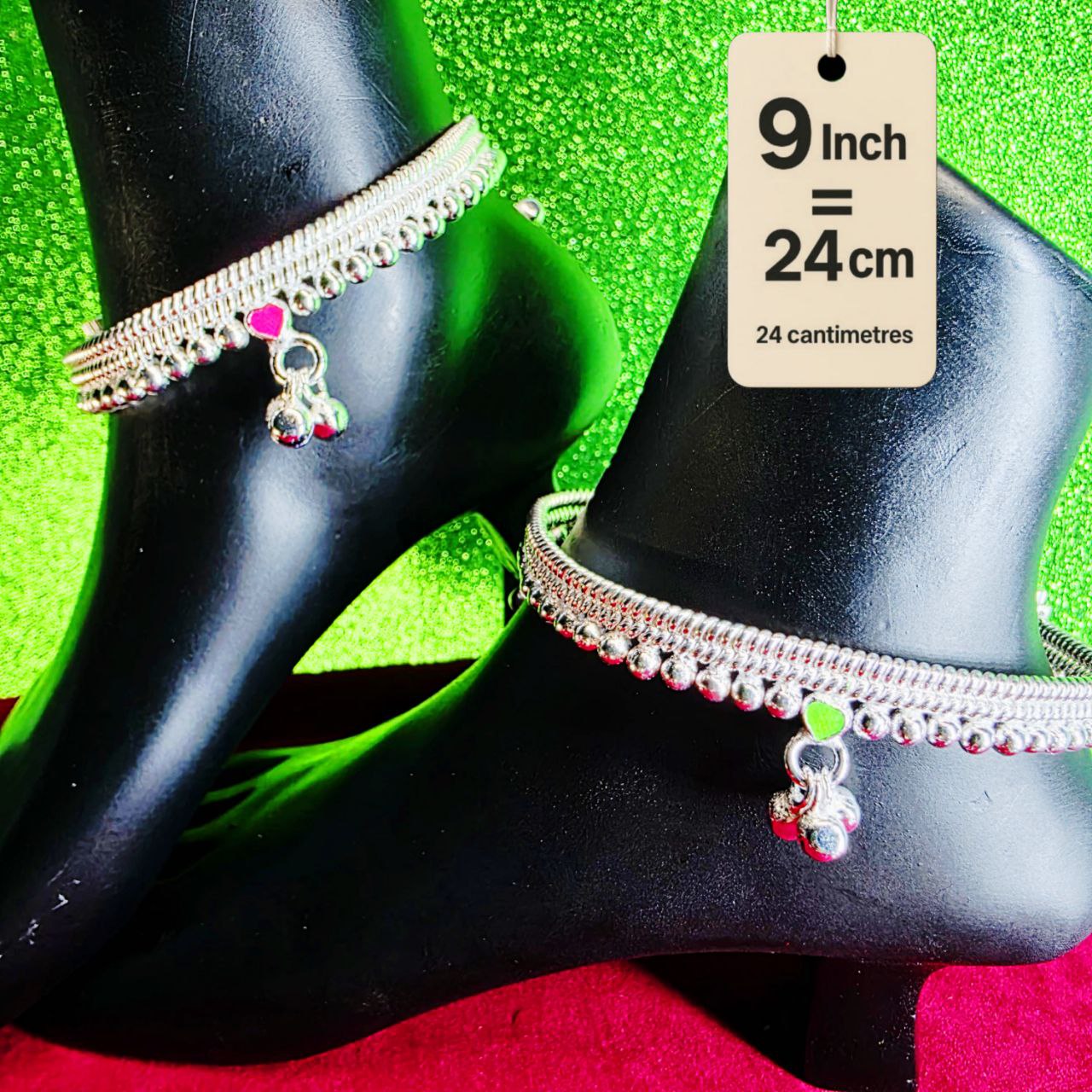 Silver-Plated German Silver Anklets with green Pink Heart symbols, Contemporary Style, Non-Adjustable, Set of 2-9Inch