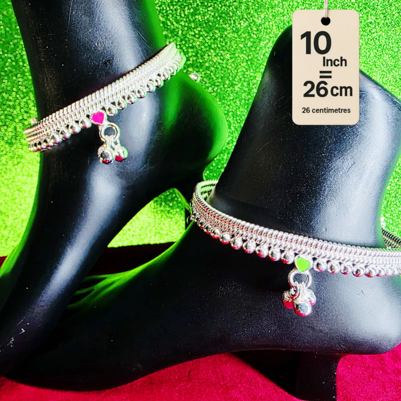 Silver-Plated German Silver Anklets with green Pink Heart symbols, Contemporary Style, Non-Adjustable, Set of 2-10 Inch