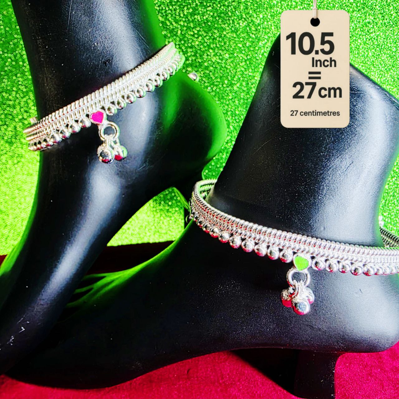 Silver-Plated German Silver Anklets with green Pink Heart symbols, Contemporary Style, Non-Adjustable, Set of 2-10.5 Inch