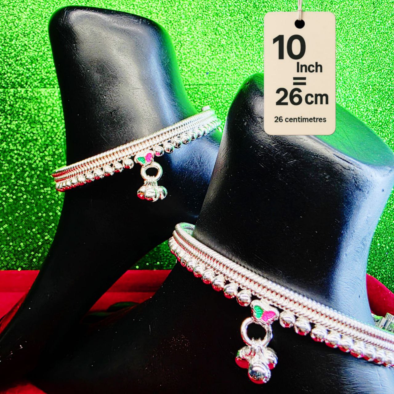 Silver-Plated German Silver Anklets with green Pink butterfly, Contemporary Style, Non-Adjustable, Set of 2-10 Inch