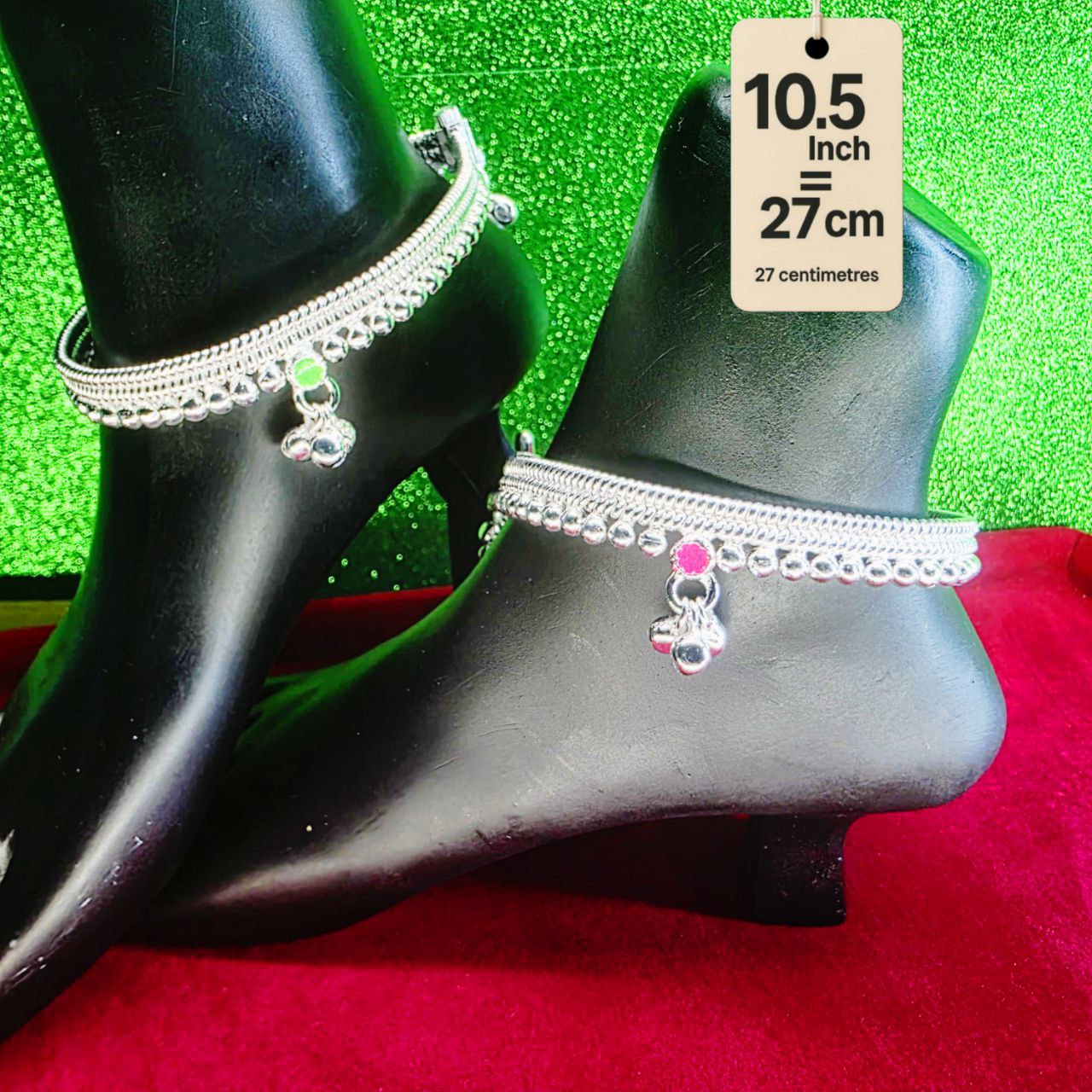 Silver-Plated German Silver Anklets with green Pink rose flower, Contemporary Style, Non-Adjustable, Set of 2-10.5 Inch