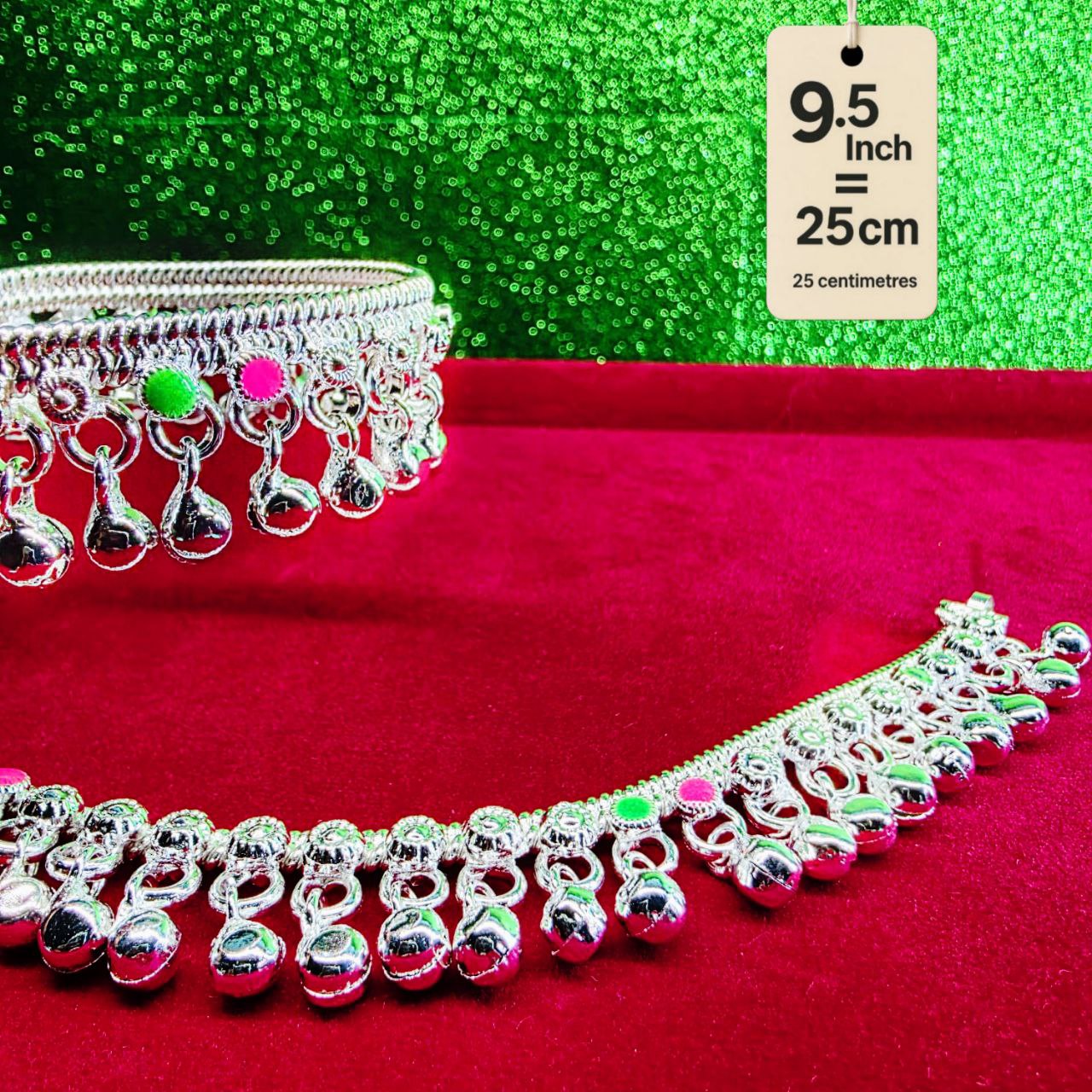 German Silver Anklet/Payal with Bells &colored stone Heart Design Silver plated 2-Piece-9.5 Inch