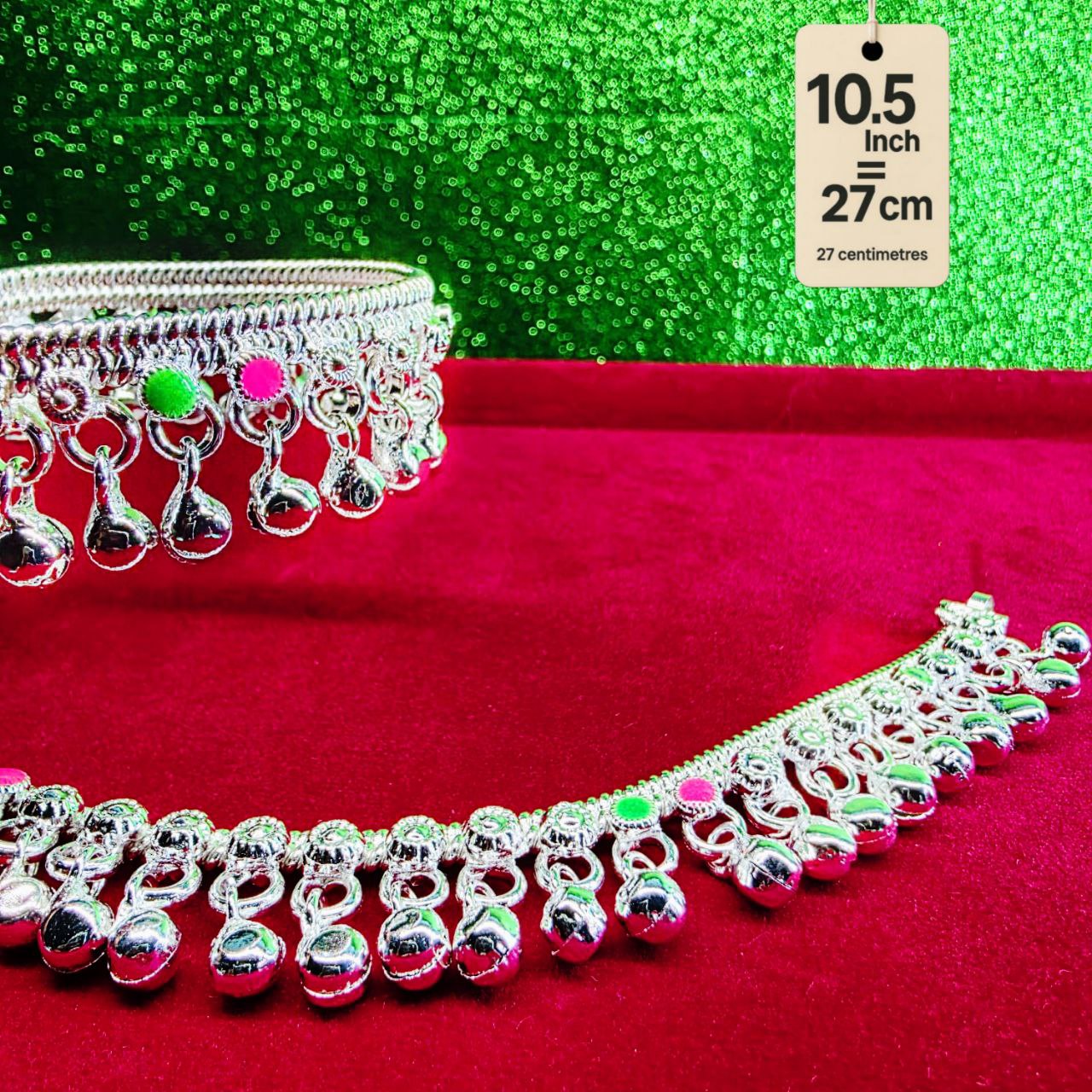 German Silver Anklet/Payal with Bells &colored stone Heart Design Silver plated 2-Piece- 10.5 Inch