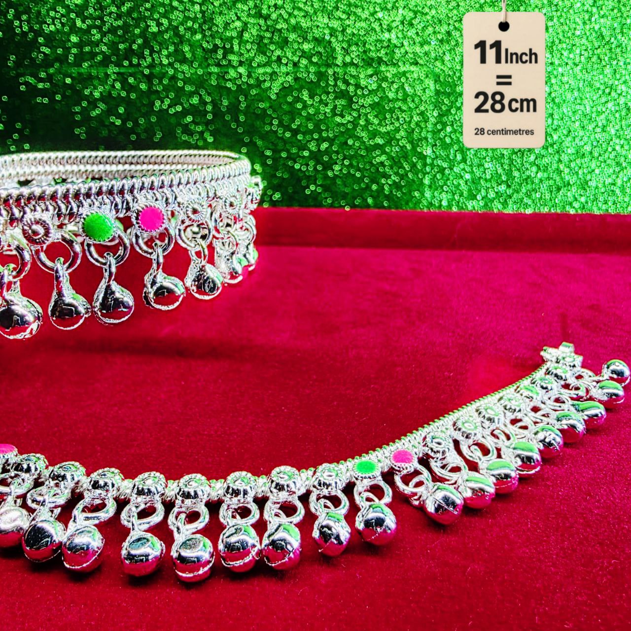 German Silver Anklet/Payal with Bells &colored stone Heart Design Silver plated 2-Piece- 11 Inch