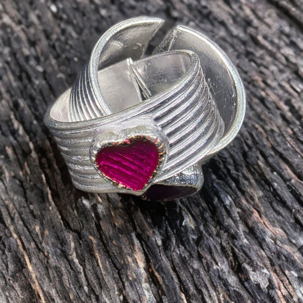 German Silver Toe Rings Set, Purple Enamel Heart Design, Adjustable Size, Pack of 2, Silver