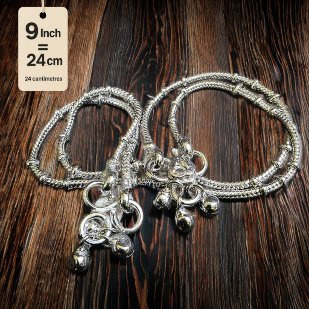 Unique Lightweight White Metal Silver Plated Anklets, NON-Adjustable Size, Contemporary Style, Silver PLATED, 2-Piece Set-9 Inch
