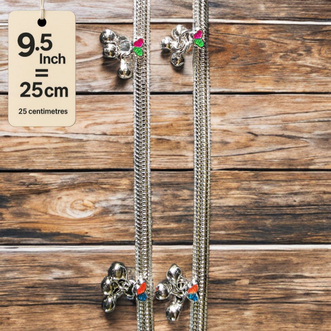 Traditional Silver-Plated Anklet Pair with Bells and Gemstone Charms, 25 cm Length, Adjustable 9.5 Inch