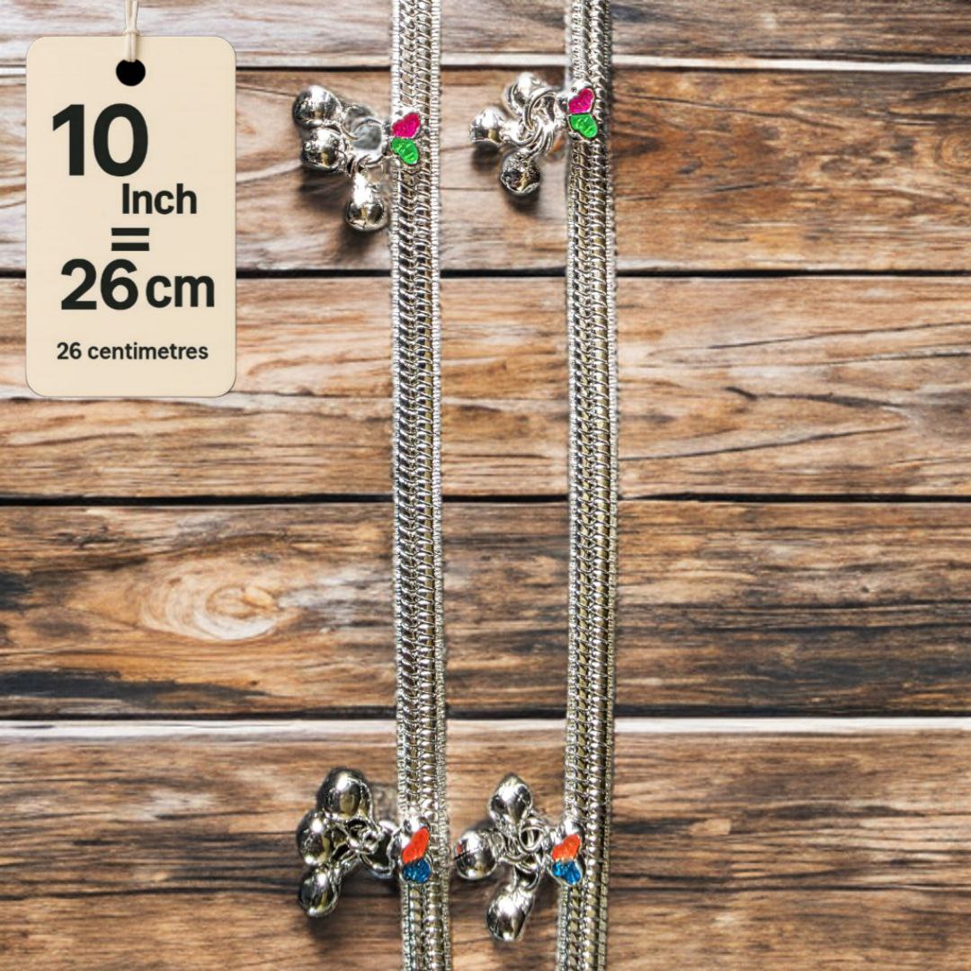 Traditional Silver-Plated Anklet Pair with Bells and Gemstone Charms, 26 cm Length, Adjustable 10 Inch