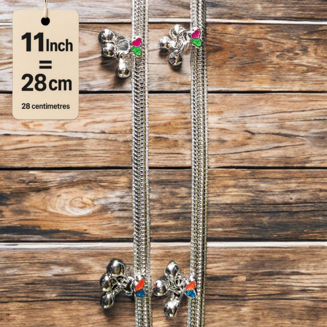 Traditional Silver-Plated Anklet Pair with Bells and Gemstone Charms, 28 cm Length, Adjustable 11 Inch