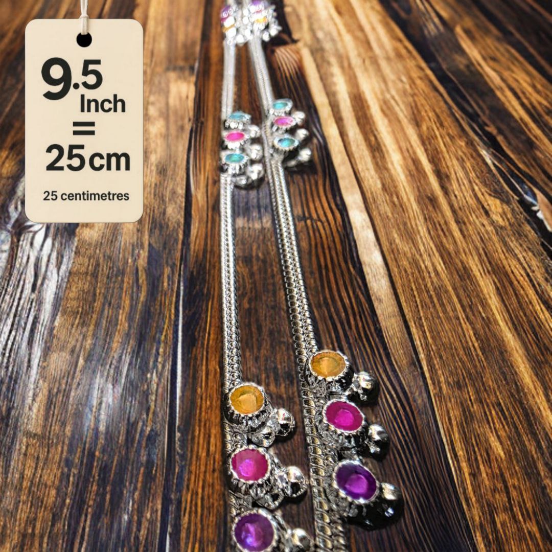 Traditional GermanSilver-Silver Plated Anklet Set with Multicolour Gemstones, Melodious Bells, 25 cm Length, non Adjustable- 9.5 Inch