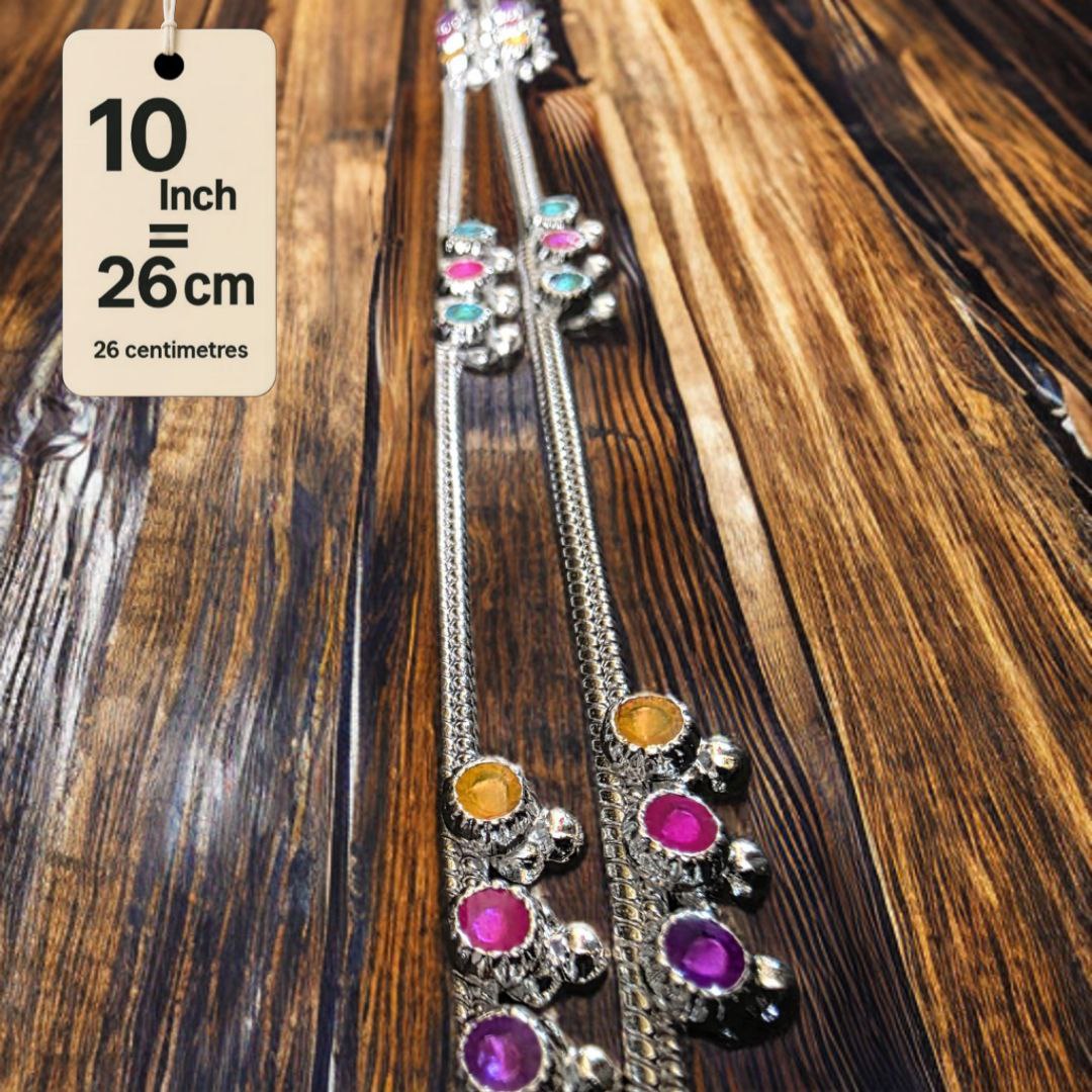 Traditional GermanSilver-Silver Plated Anklet Set with Multicolour Gemstones, Melodious Bells, 26 cm Length, non Adjustable- 10Inch