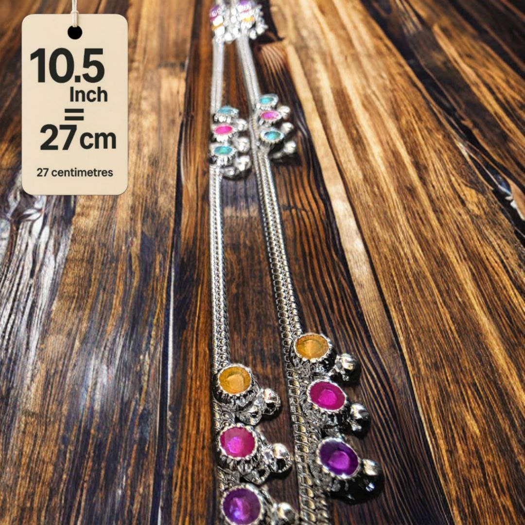 Traditional GermanSilver-Silver Plated Anklet Set with Multicolour Gemstones, Melodious Bells, 27 cm Length, non Adjustable- 10.5 Inch