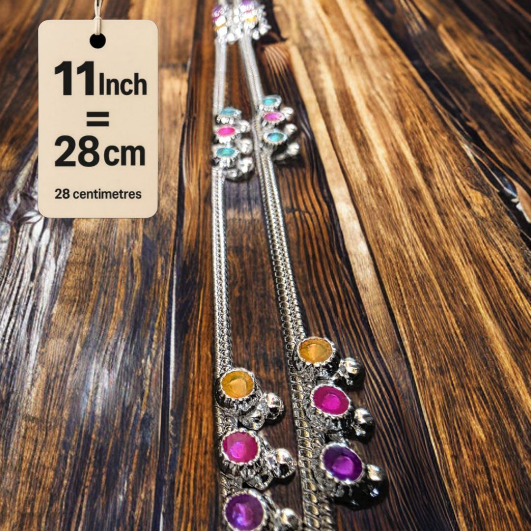 Traditional GermanSilver-Silver Plated Anklet Set with Multicolour Gemstones, Melodious Bells, 28 cm Length, non Adjustable- 11Inch