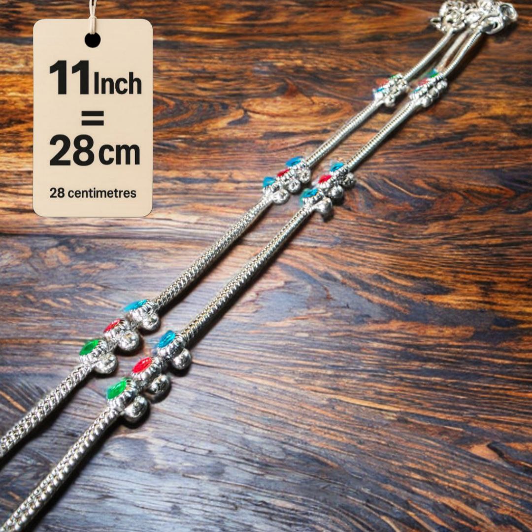 Traditional Lightweight White Metal Silver Plated Anklets, NON-Adjustable Size, Contemporary Style, Silver PLATED, 2-Piece Set-11 Inch